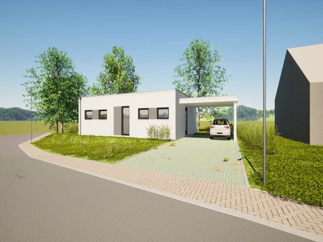 Fertighaus Jubiläumshaus Bungalow mit Flachdach von Holz & Dach Living Ausbauhaus ab 270000€, Bungalow Außenansicht 1