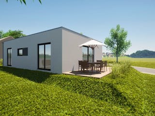 Fertighaus Jubiläumshaus Bungalow mit Flachdach von Holz & Dach Living Ausbauhaus ab 270000€, Bungalow Innenansicht 5