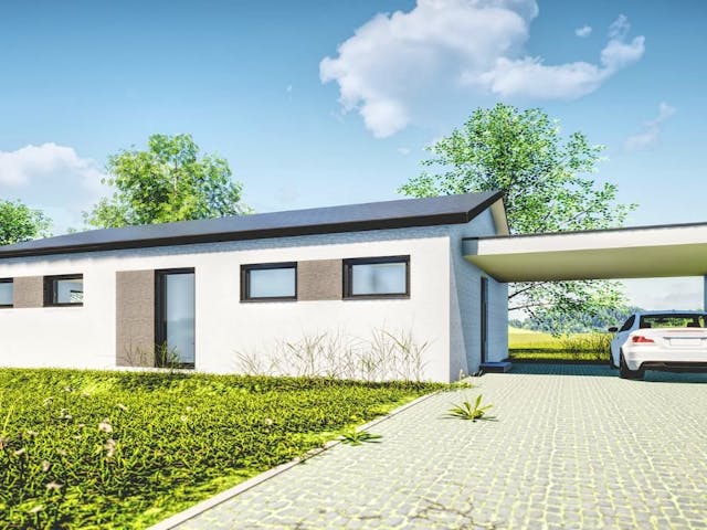 Fertighaus Jubiläumshaus Bungalow mit Satteldach von Holz & Dach Leyherr Ausbauhaus ab 270000€, Bungalow Außenansicht 1