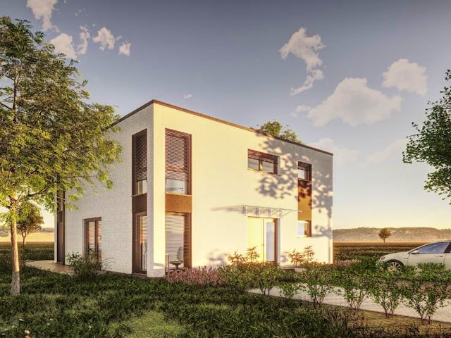 Fertighaus Jubiläumshaus Stadtvilla mit Flachdach von Holz & Dach Living Ausbauhaus ab 284499€, Stadtvilla Außenansicht 1