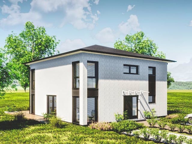Fertighaus Jubiläumshaus Stadtvilla mit Zeltdach von Holz & Dach Living Ausbauhaus ab 284499€, Stadtvilla Außenansicht 1 Fertighaus Jubiläumshaus Stadtvilla mit Zeltdach von Holz & Dach Living Ausbauhaus ab 284499€, Stadtvilla Außenansicht 1