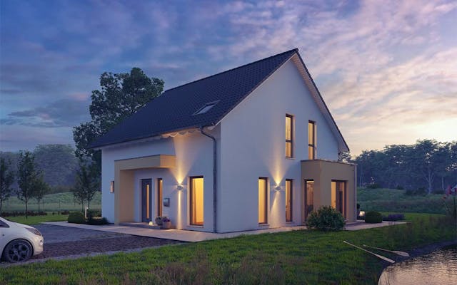 Beispielhaus klassisch: Das schlichte Einfamilienhaus mit Satteldach und 1,5 Geschossen von massa haus lässt sich auf Wunsch durch Elemente wie Erker individualisieren.