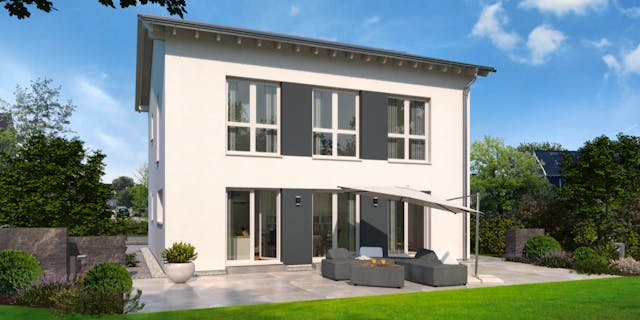 Moderne Stadtvilla mit Satteldach als schlüsselfertiges Fertighaus von OKAL Haus