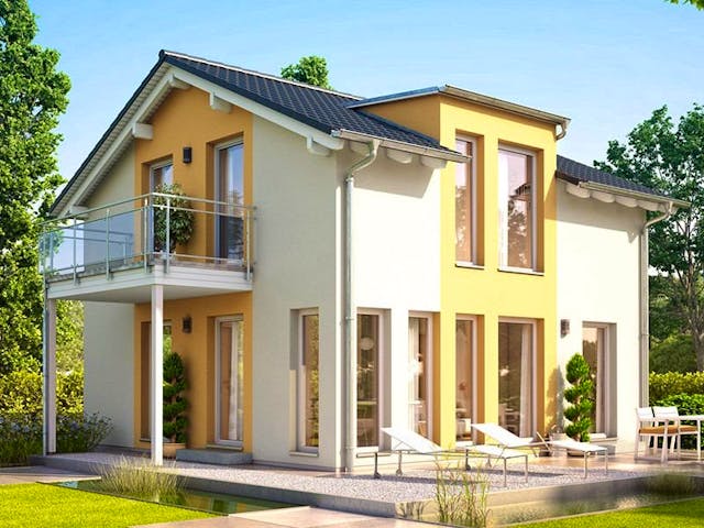 Fertighaus SUNSHINE 113 V4 von Living Fertighaus Schlüsselfertig ab 351161€, Satteldach-Klassiker Außenansicht 1