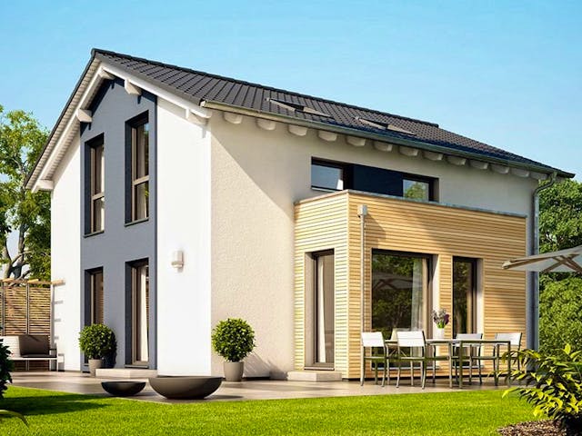 Fertighaus SUNSHINE 113 V5 von Living Fertighaus Schlüsselfertig ab 296744€, Satteldach-Klassiker Außenansicht 1