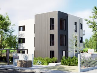 Fertighaus Mehrfamilienhaus KUBOS 3.277 von KAMPA - Mehrfamilienhäuser Schlüsselfertig ab 1506356€, Cubushaus Außenansicht 2