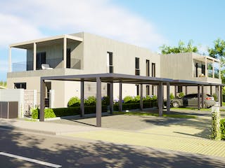 Fertighaus Mehrfamilienhaus KUBOS 4.269_a von KAMPA - Mehrfamilienhäuser Schlüsselfertig ab 1847375€, Außenansicht 2