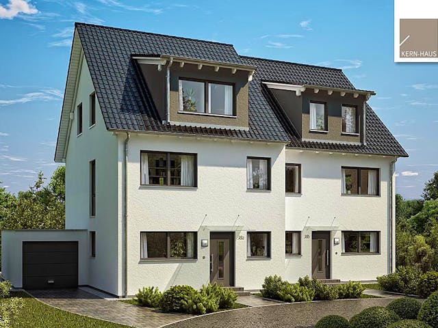 Massivhaus Doppelhaus Twin XXL von Kern-Haus Schlüsselfertig ab 445900€, Satteldach-Klassiker Außenansicht 2