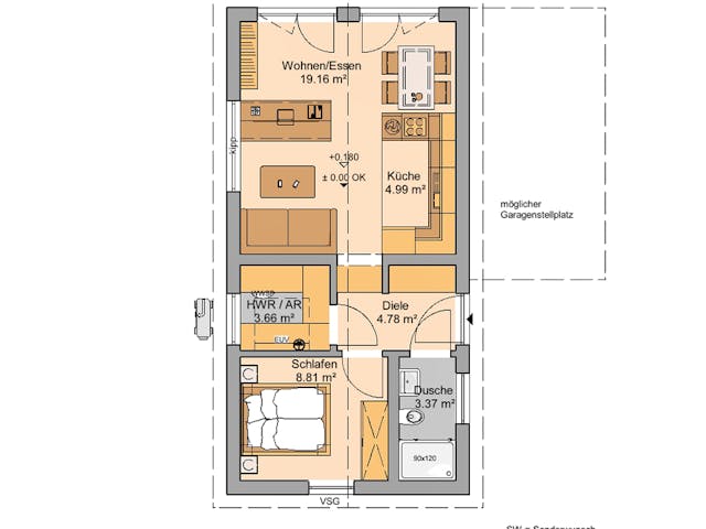 Massivhaus Bungalow Dia von Kern-Haus Schlüsselfertig ab 214900€, Bungalow Grundriss 1