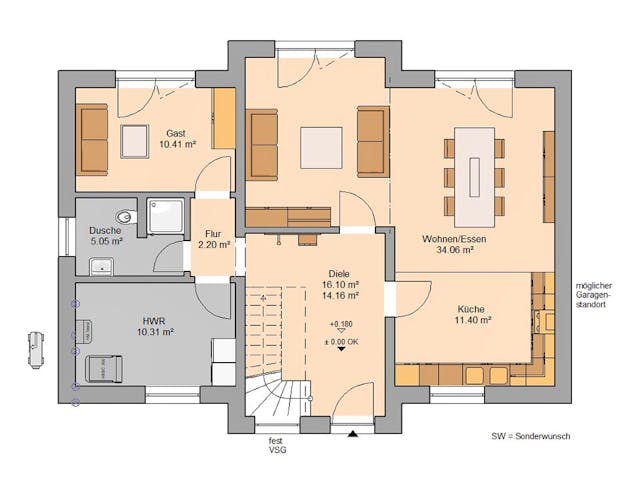 Massivhaus Familienhaus Aura von Kern-Haus Schlüsselfertig ab 418900€, Satteldach-Klassiker Grundriss 1