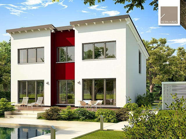 Massivhaus Familienhaus Vio Plus von Kern-Haus Schlüsselfertig ab 394900€, Pultdachhaus Außenansicht 1
