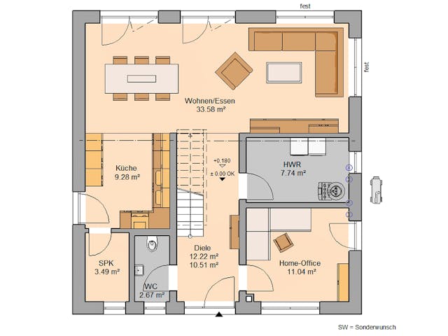 Massivhaus Familienhaus Fida von Kern-Haus Schlüsselfertig ab 402900€, Satteldach-Klassiker Grundriss 1