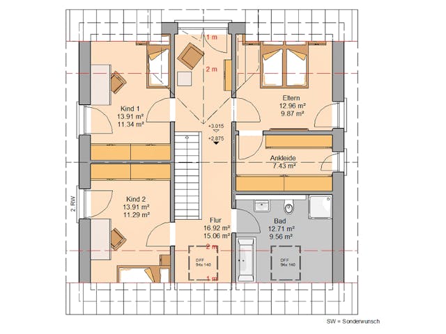 Massivhaus Familienhaus Fida von Kern-Haus Schlüsselfertig ab 392900€, Satteldach-Klassiker Grundriss 2