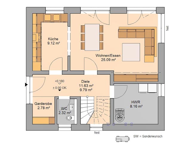 Massivhaus Familienhaus Loop Plus von Kern-Haus Schlüsselfertig ab 332900€, Satteldach-Klassiker Grundriss 1