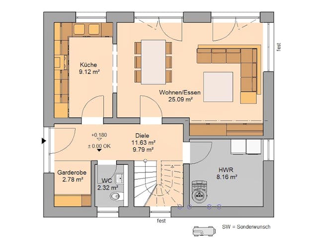 Massivhaus Familienhaus Loop Plus von Kern-Haus Schlüsselfertig ab 325900€, Satteldach-Klassiker Grundriss 1