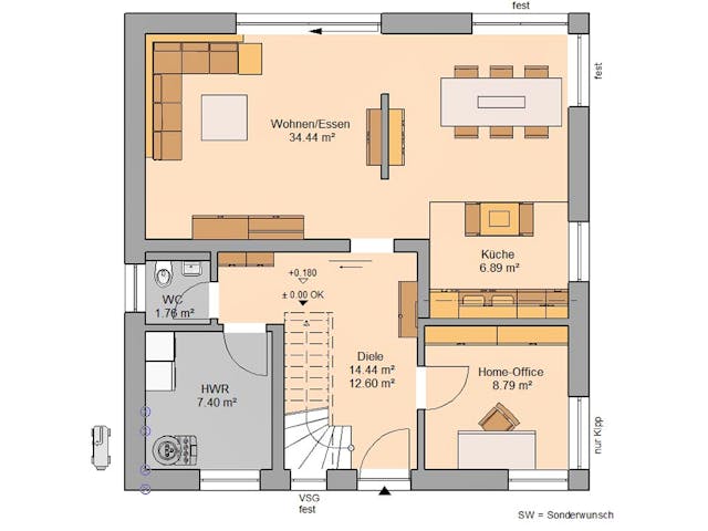 Massivhaus Familienhaus Luna Plus von Kern-Haus Schlüsselfertig ab 374900€, Satteldach-Klassiker Grundriss 1