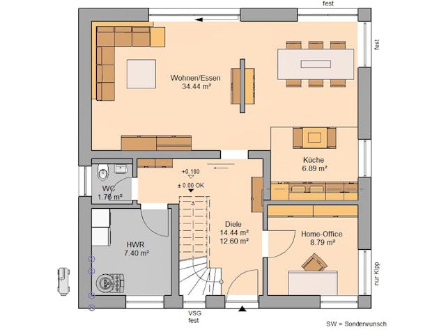 Massivhaus Familienhaus Luna Plus von Kern-Haus Schlüsselfertig ab 367900€, Satteldach-Klassiker Grundriss 1