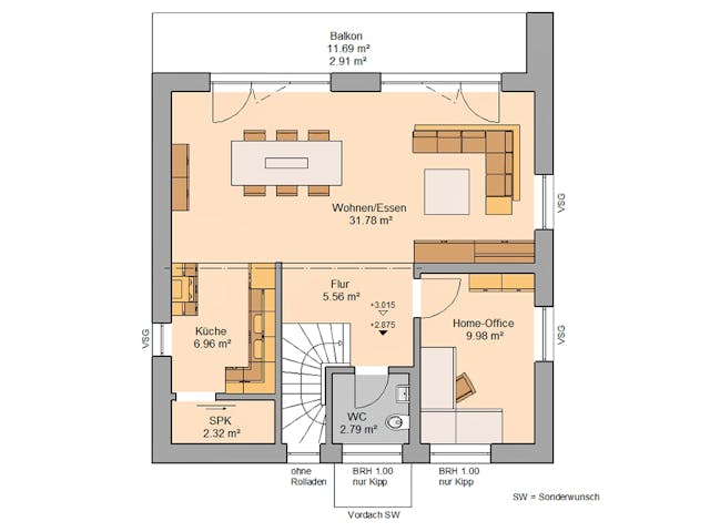 Massivhaus Bauhaus Novum P von Kern-Haus Schlüsselfertig ab 377900€, Cubushaus Grundriss 1