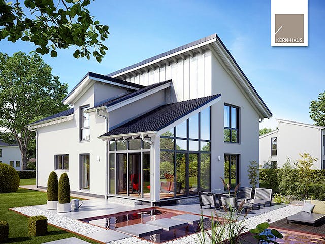 Massivhaus Familienhaus Akzent von Kern-Haus Schlüsselfertig ab 525900€, Pultdachhaus Außenansicht 2