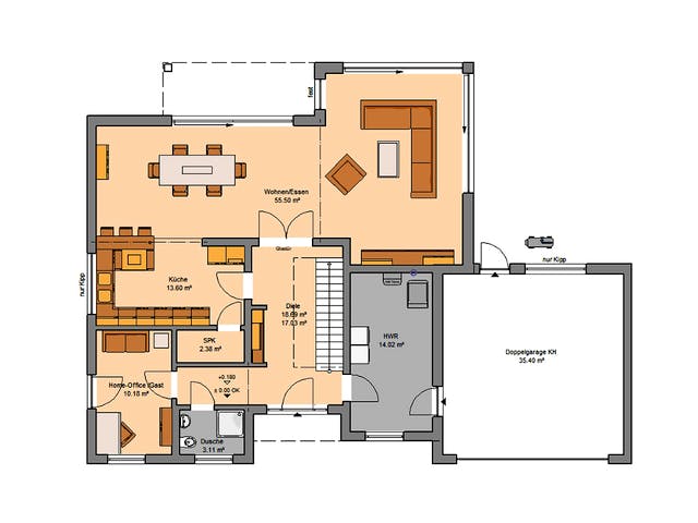 Massivhaus Bauhaus Anteo von Kern-Haus Schlüsselfertig ab 669900€, Cubushaus Grundriss 1