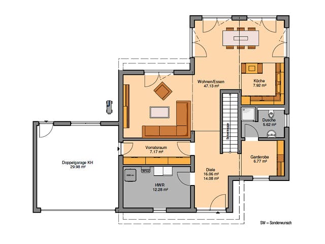 Massivhaus Bauhaus Cono von Kern-Haus Schlüsselfertig ab 652900€, Cubushaus Grundriss 1