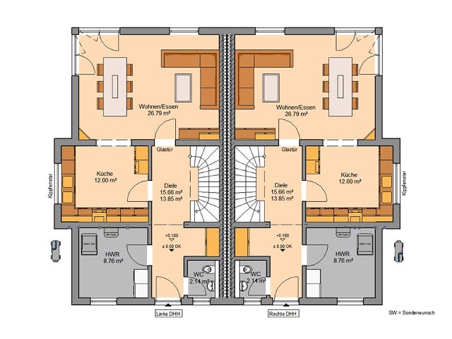 Massivhaus Doppelhaus Forneo von Kern-Haus Schlüsselfertig ab 542900€, Cubushaus Grundriss 1