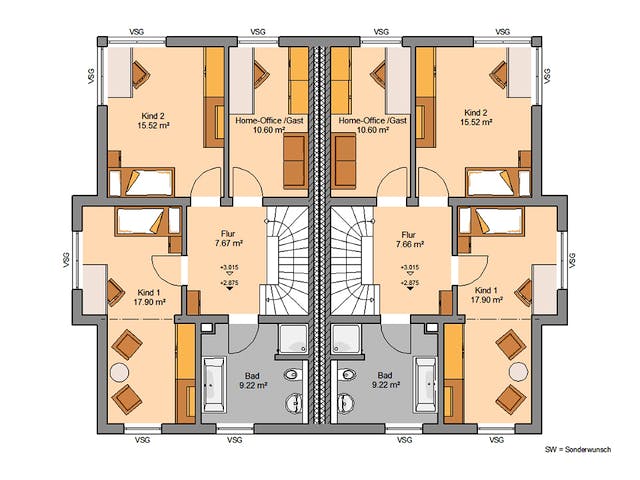 Massivhaus Doppelhaus Forneo von Kern-Haus Schlüsselfertig ab 542900€, Cubushaus Grundriss 2