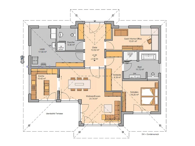 Massivhaus Bungalow Kalea von Kern-Haus Schlüsselfertig ab 432900€, Bungalow Grundriss 1