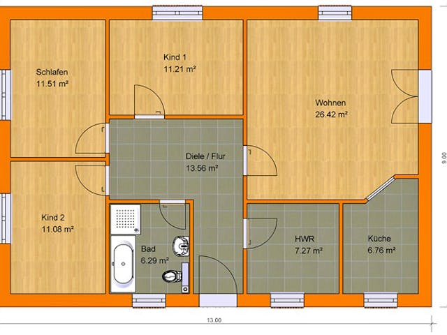 Massivhaus Bungalow 100A von KLINKER HAUS Schlüsselfertig ab 244700€, Bungalow Grundriss 1