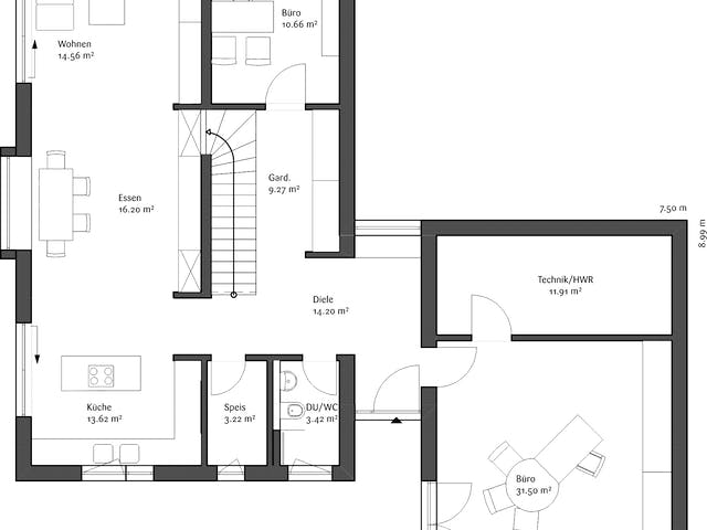 Fertighaus Musterhaus LaRocca von FischerHaus Schlüsselfertig ab 571044€, Satteldach-Klassiker Grundriss 1