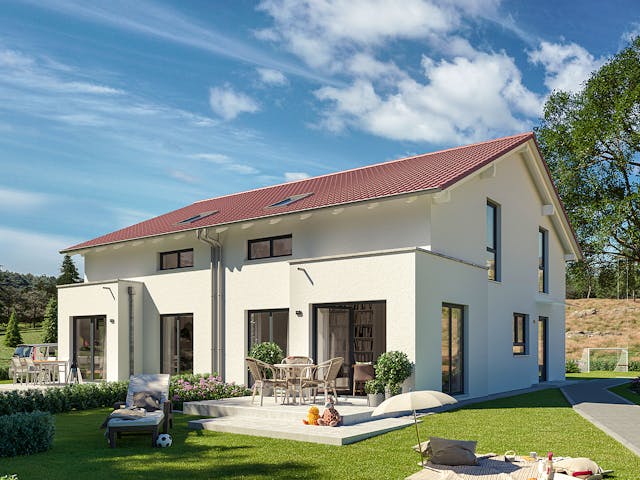 Fertighaus SOLUTION 124 L V3 von Living Fertighaus Schlüsselfertig ab 340206€, Satteldach-Klassiker Außenansicht 1