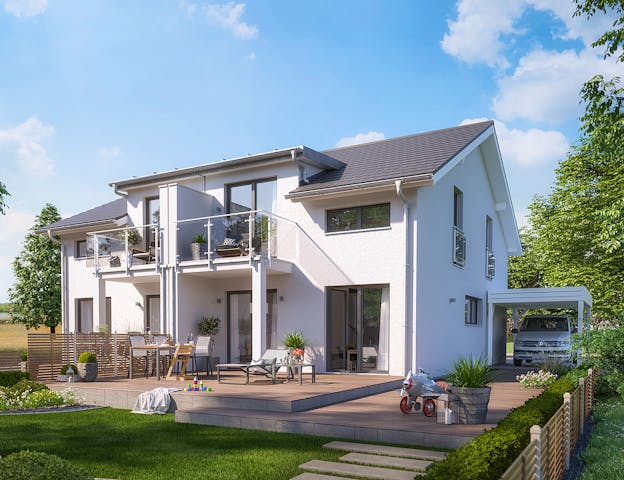 Beispielhaus als Doppelhaus: Praktische Doppelhaushälfte mit Satteldach, Zwerchgiebel, Balkon & Carport von Living Fertighaus