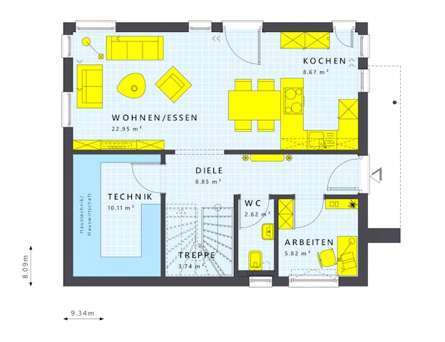 Grundriss 1,5-geschossiges Satteldachhaus in Fertigbauweise von Living Fertighaus: Im Erdgeschoss bietet der offene Koch-Ess-Wohnbereich viel Freiraum.
