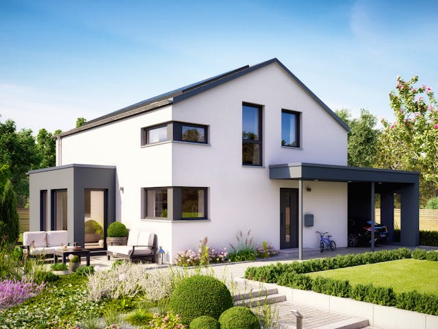 Fertighaus SUNSHINE 143 V5 von Living Fertighaus Schlüsselfertig ab 388921€, Satteldach-Klassiker Außenansicht 1