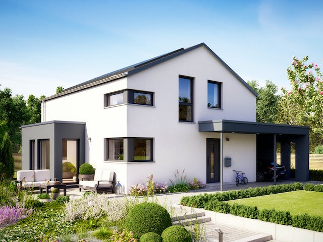 Fertighaus SUNSHINE 143 V5 von Living Fertighaus Schlüsselfertig ab 325537€, Satteldach-Klassiker Außenansicht 1