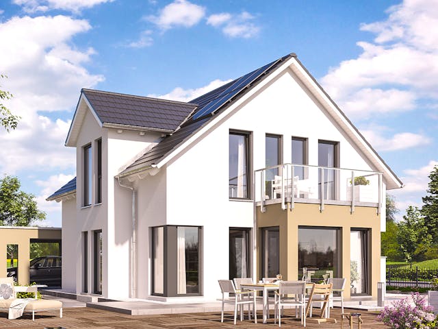 Fertighaus SUNSHINE 144 V3 von Living Fertighaus Schlüsselfertig ab 399539€, Satteldach-Klassiker Außenansicht 1