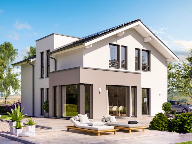 Fertighaus SUNSHINE 144 V4 von Living Fertighaus Schlüsselfertig ab 333724€, Satteldach-Klassiker Außenansicht 1 Fertighaus SUNSHINE 144 V4 von Living Fertighaus Schlüsselfertig ab 333724€, Satteldach-Klassiker Außenansicht 1
