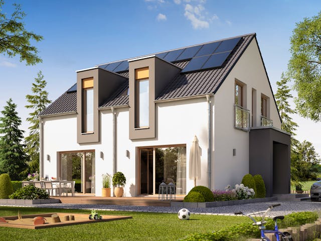 Fertighaus SUNSHINE 154 V3 von Living Fertighaus Schlüsselfertig ab 356612€, Satteldach-Klassiker Außenansicht 1