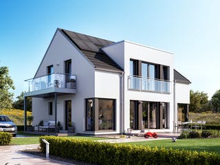 Fertighaus SUNSHINE 165 V3 von Living Fertighaus Schlüsselfertig ab 360188€, Satteldach-Klassiker Außenansicht 1