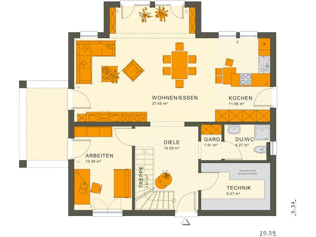 Fertighaus SUNSHINE 165 V5 von Living Fertighaus Ausbauhaus ab 359290€, Satteldach-Klassiker Grundriss 1