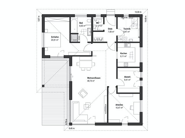 Fertighaus Bungalow Walmdach 130 von LUXHAUS, Bungalow Grundriss 1