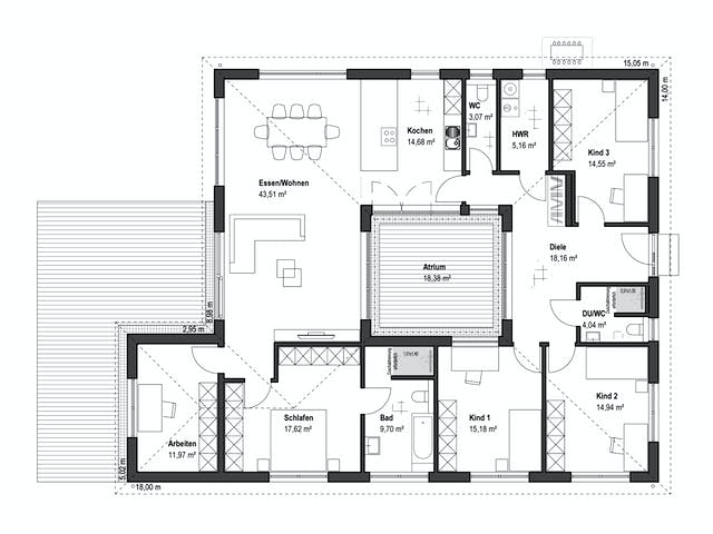 Fertighaus Bungalow Walmdach 172 von LUXHAUS, Bungalow Grundriss 1