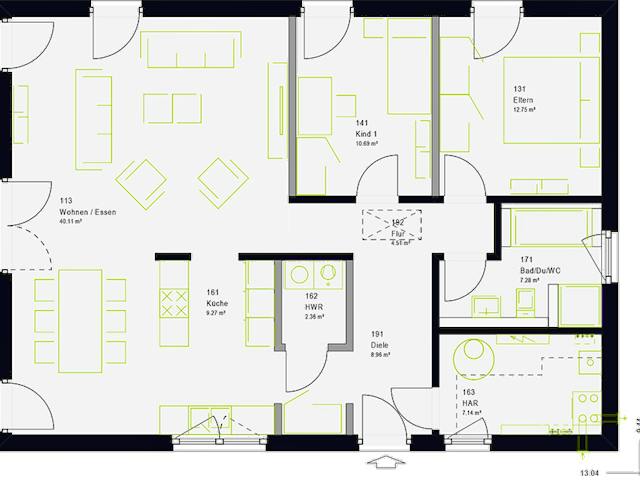 Fertighaus ComfortStyle 10.01 W von massa haus Ausbauhaus ab 134999€, Bungalow Grundriss 1