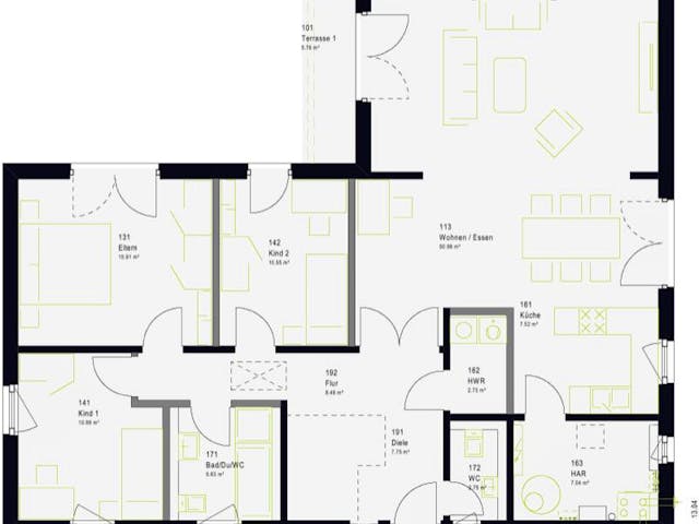 Fertighaus ComfortStyle 13.01 W von massa haus Ausbauhaus ab 158999€, Bungalow Grundriss 1 Fertighaus ComfortStyle 13.01 W von massa haus Ausbauhaus ab 158999€, Bungalow Grundriss 1