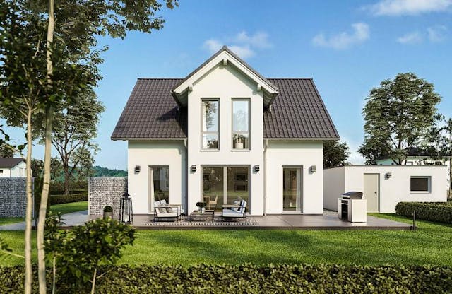 Bodentiefe Fenster für viel Licht im Inneren, ein großzügiger Standerker und ein Satteldach mit modernem Look: Schlüsselfertiges Massivhaus von Kern-Haus