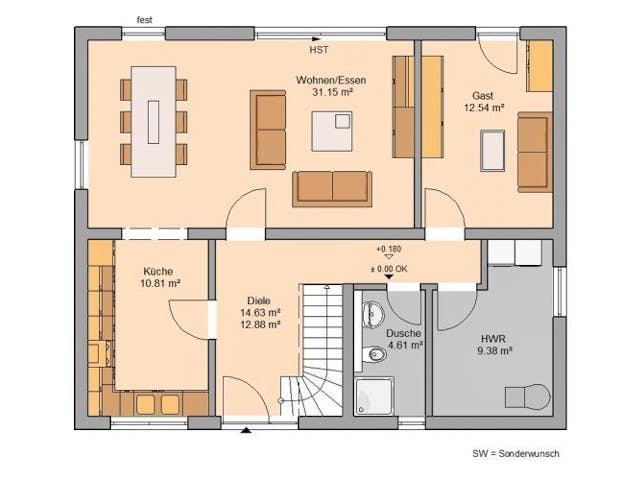 Massivhaus ARCHITEKTENHAUS SIGNUM von Kern-Haus Chemnitz Schlüsselfertig ab 343900€, Satteldach-Klassiker Grundriss 1
