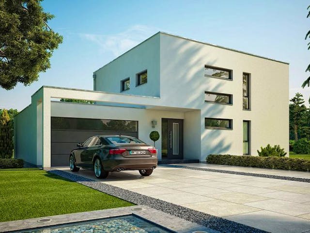 Massivhaus BAUHAUS CUBE mit Doppelgarage von Kern-Haus Chemnitz Schlüsselfertig ab 502900€, Cubushaus Außenansicht 1