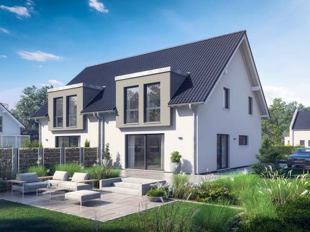 Massivhaus DOPPELHAUS VISEO von Kern-Haus Chemnitz Schlüsselfertig ab 354900€, Satteldach-Klassiker Außenansicht 1