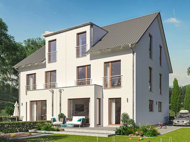 Fertighaus SOLUTION 124 XL V4 von Living Fertighaus Schlüsselfertig ab 400921€, Satteldach-Klassiker Außenansicht 1 Fertighaus SOLUTION 124 XL V4 von Living Fertighaus Schlüsselfertig ab 400921€, Satteldach-Klassiker Außenansicht 1