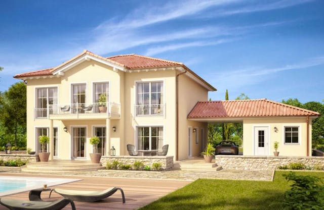 Stadtvilla nach mediterranem Vorbild mit Anbauten für Garage und Carport, Walmdach und Vordächern in natürlichen Ockertönen und Farben von gebranntem Ton.